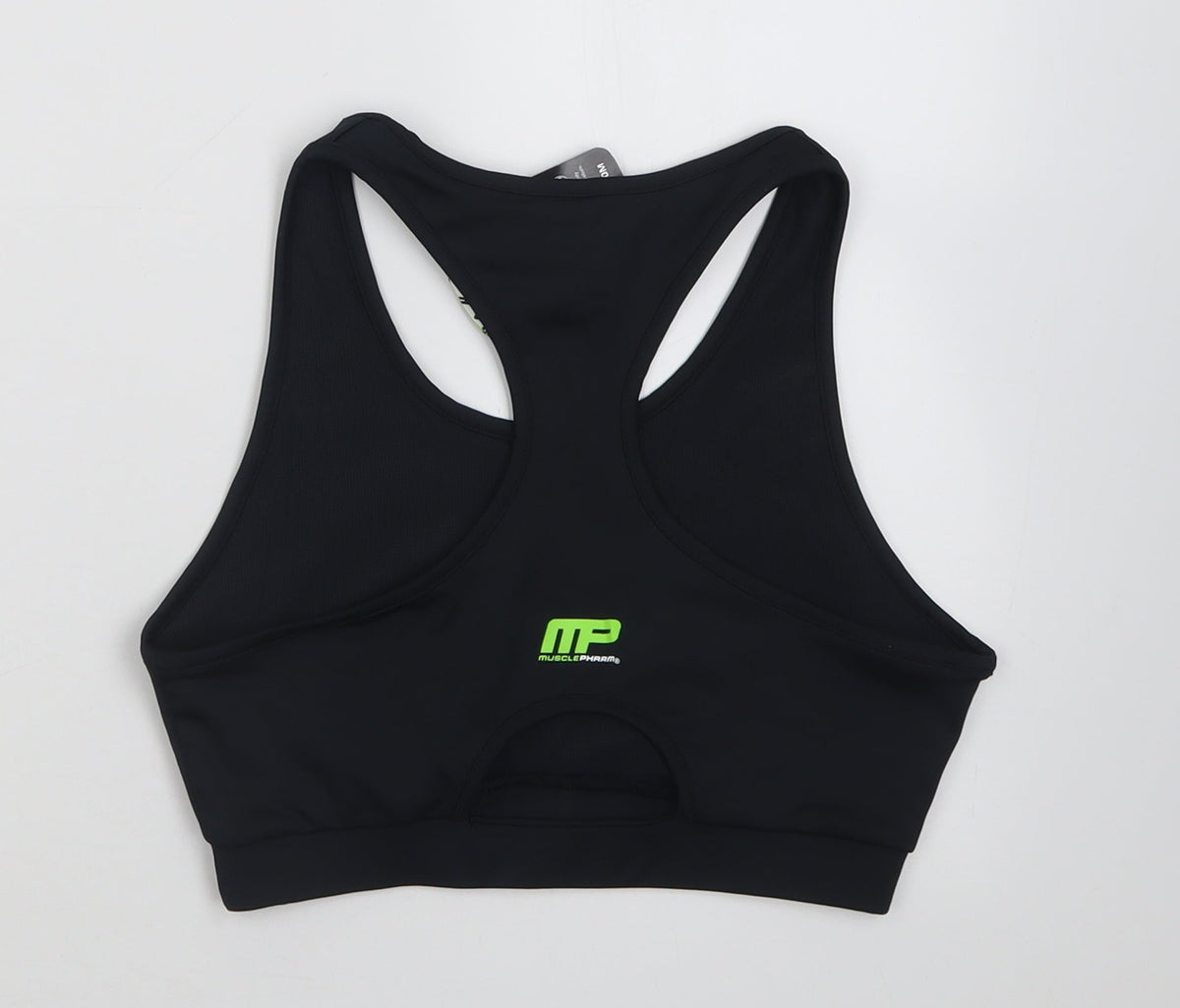 Back view of MusclePharm women’s black polyester cropped tank, size M, scoop neck pullover