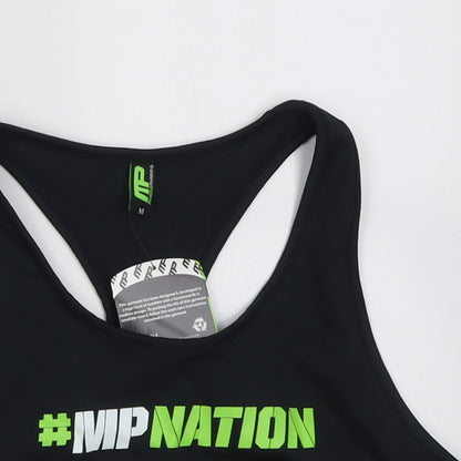 Close-up detail of MusclePharm women’s black polyester cropped tank, size M, scoop neck pullover