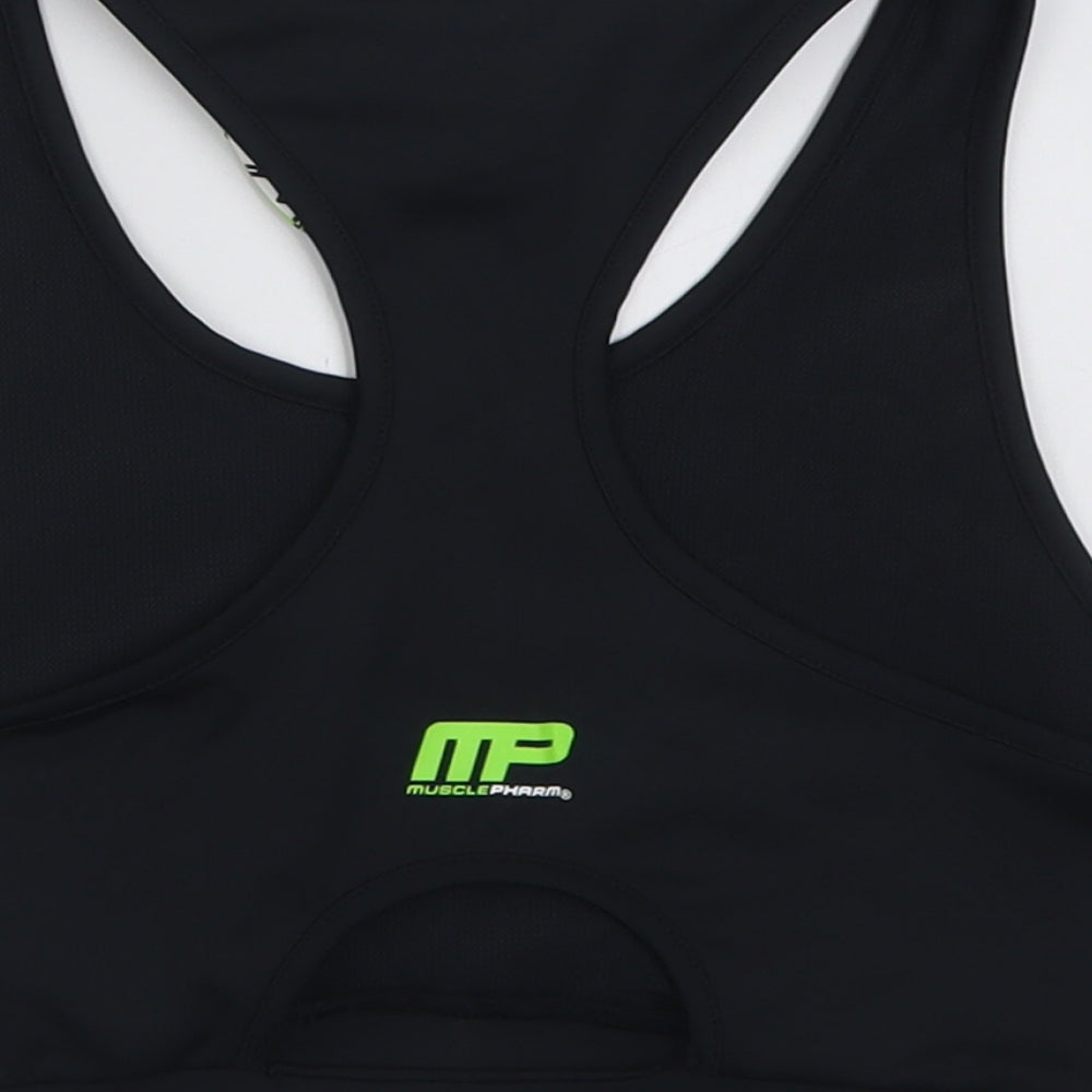 Brand and care label for MusclePharm women’s black polyester cropped tank, size M, scoop neck pullover