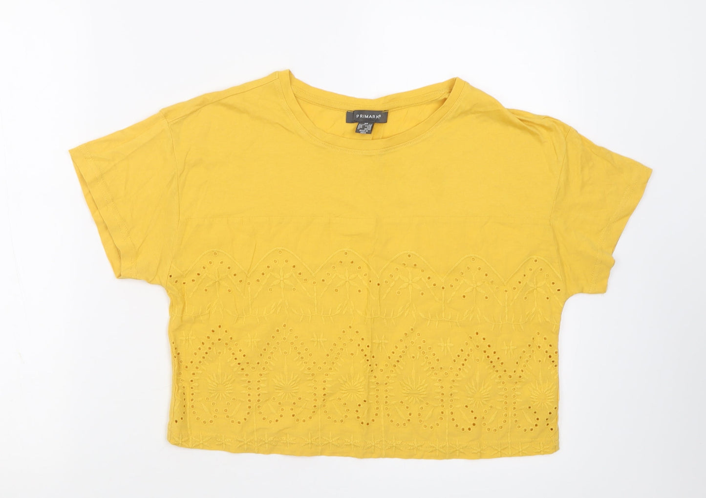 Primark Womens Yellow Floral Cotton Cropped T-Shirt Size XS Crew Neck