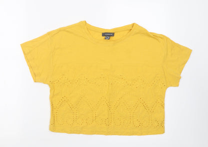 Primark Womens Yellow Floral Cotton Cropped T-Shirt Size XS Crew Neck