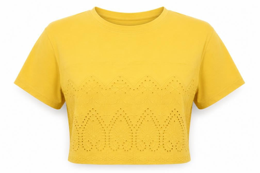 Front view of Primark women’s yellow floral cotton cropped t-shirt, size XS, crew neck