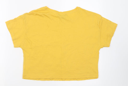 Primark Womens Yellow Floral Cotton Cropped T-Shirt Size XS Crew Neck