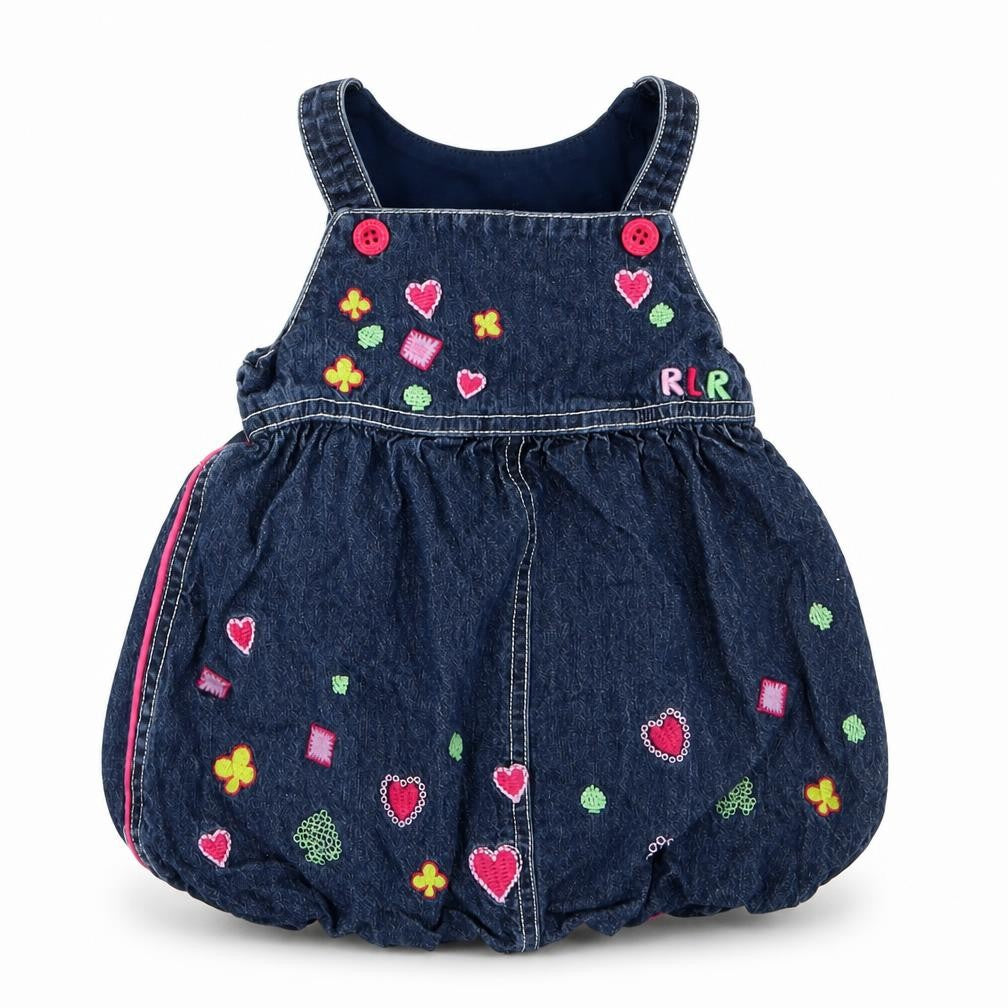 Front view of Debenhams girls’ blue geometric cotton a-line, size 6-9, months square neck button
