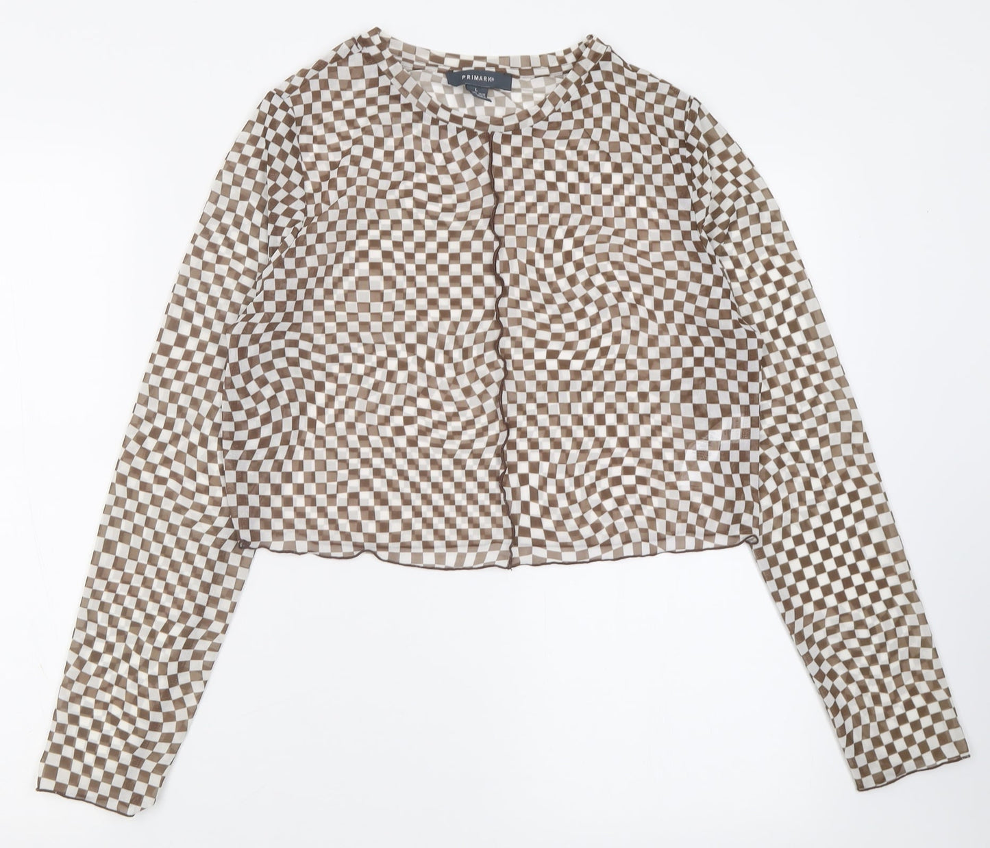 Primark Womens Brown Check Polyester Cropped T-Shirt Size L Crew Neck