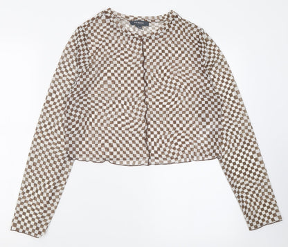 Primark Womens Brown Check Polyester Cropped T-Shirt Size L Crew Neck