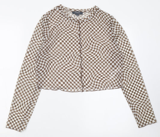 Primark Womens Brown Check Polyester Cropped T-Shirt Size L Crew Neck