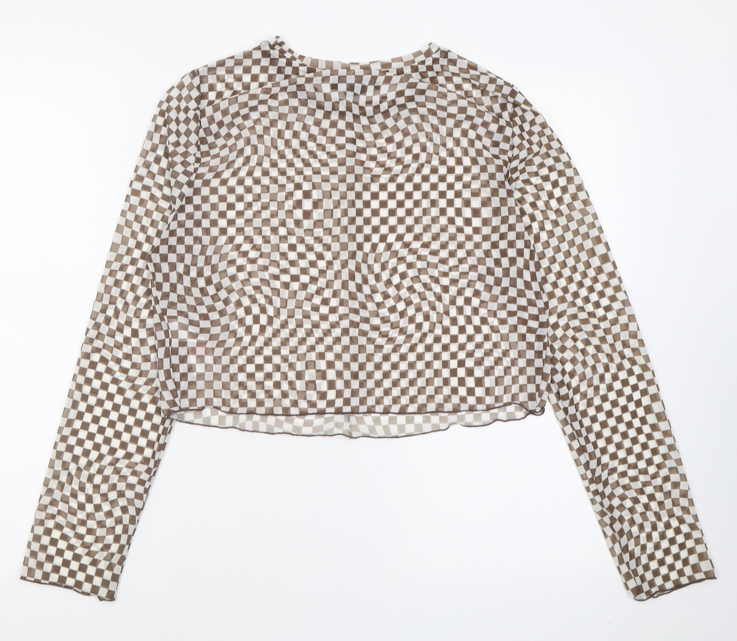 Primark Womens Brown Check Polyester Cropped T-Shirt Size L Crew Neck