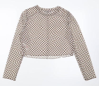 Primark Womens Brown Check Polyester Cropped T-Shirt Size L Crew Neck