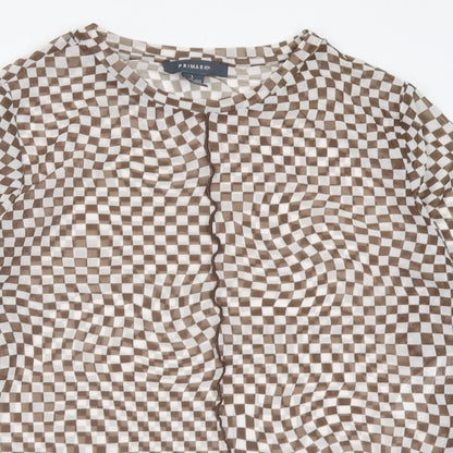 Primark Womens Brown Check Polyester Cropped T-Shirt Size L Crew Neck