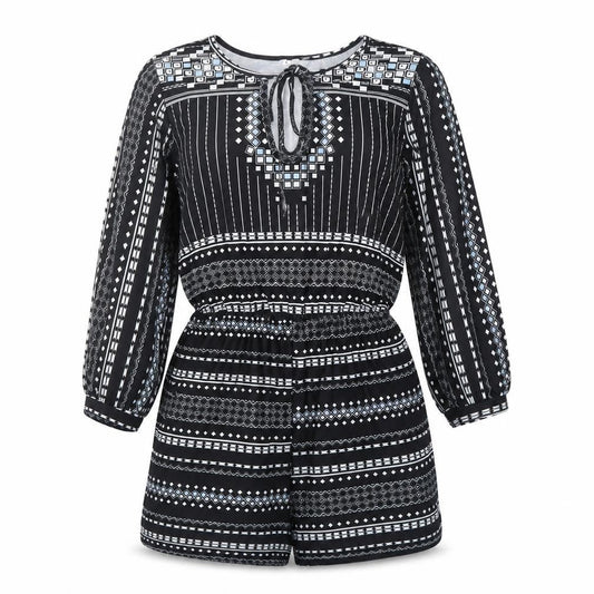 Front view of women’s black geometric polyester playsuit one-piece, size L, tie