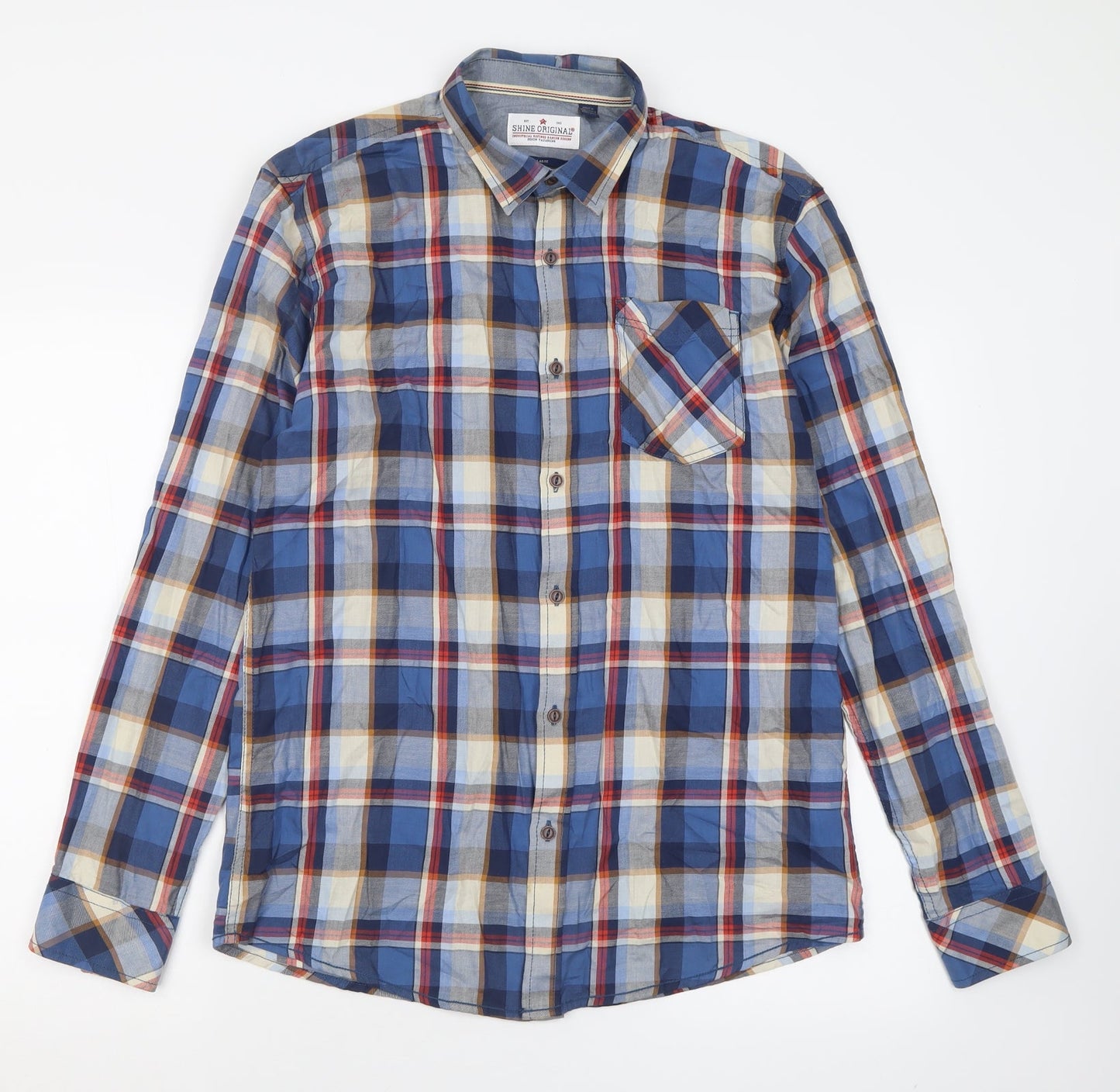 Shine Original Mens Blue Check Cotton  Button-Up Size L Collared Button