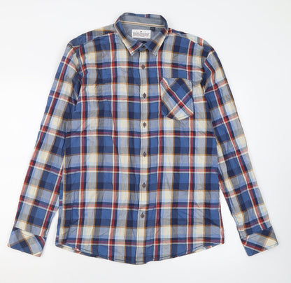 Shine Original Mens Blue Check Cotton  Button-Up Size L Collared Button