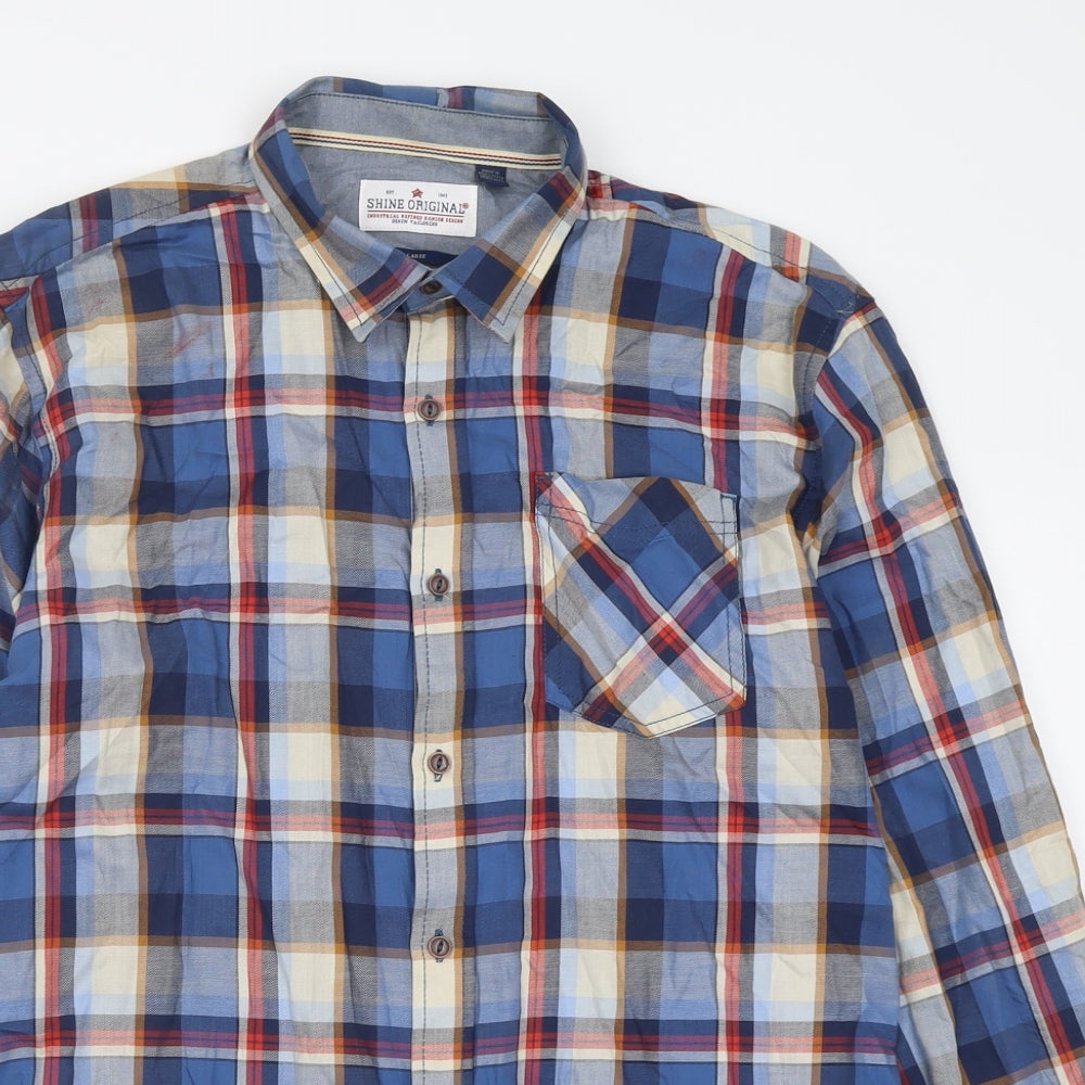 Shine Original Mens Blue Check Cotton  Button-Up Size L Collared Button
