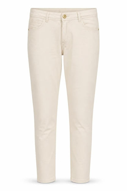 Front view of R Ping women’s beige cotton trousers, size UK 14, 32-inch leg regular button