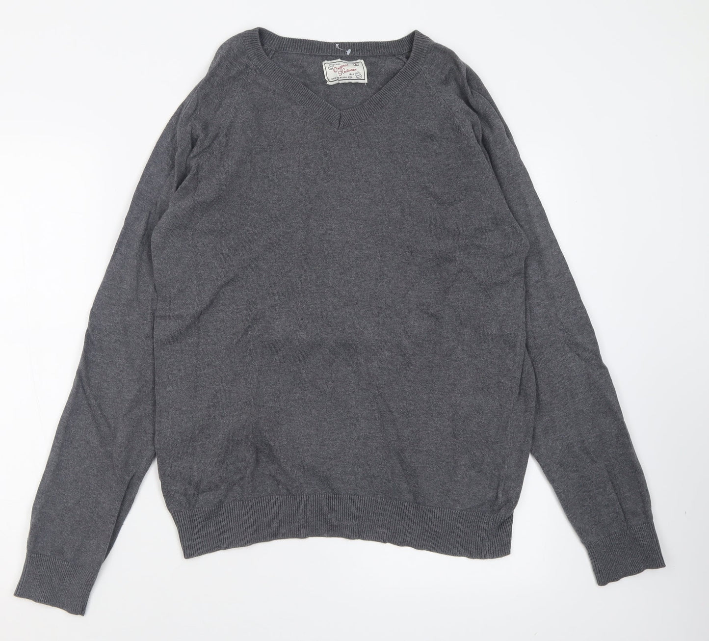 New Look Mens Grey V-Neck  Cotton Pullover Jumper Size L