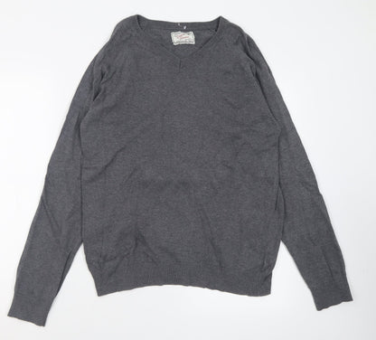 New Look Mens Grey V-Neck  Cotton Pullover Jumper Size L