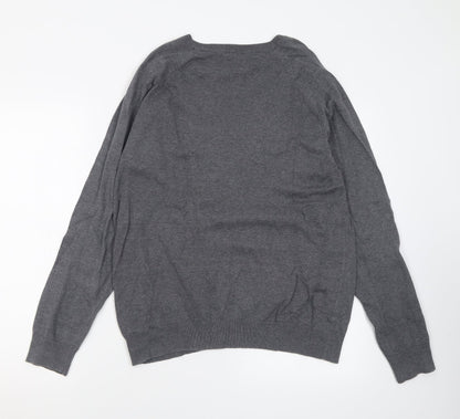 New Look Mens Grey V-Neck  Cotton Pullover Jumper Size L