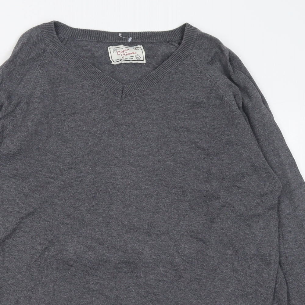 New Look Mens Grey V-Neck  Cotton Pullover Jumper Size L