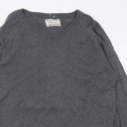 New Look Mens Grey V-Neck  Cotton Pullover Jumper Size L