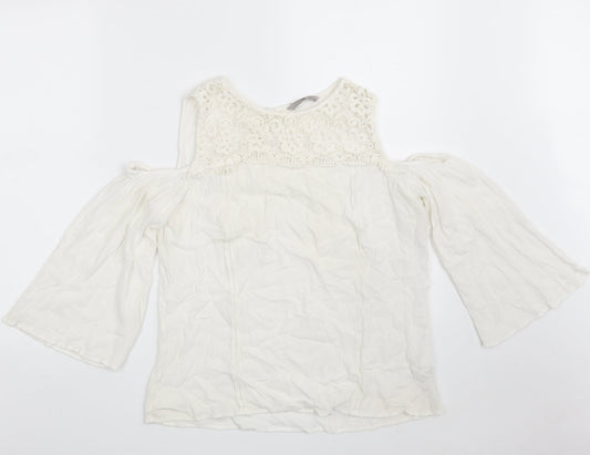 TU Womens White Floral Viscose Basic Blouse Size 14 Round Neck