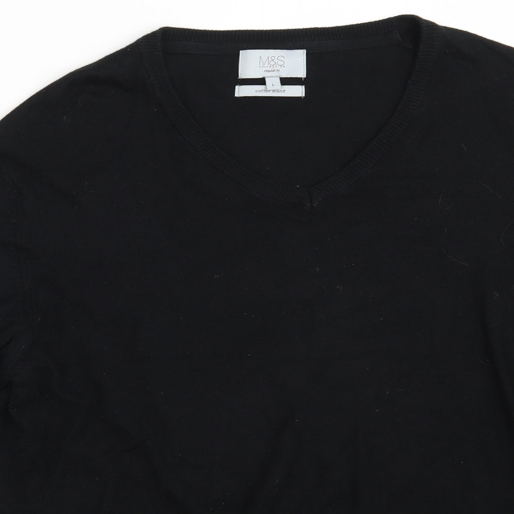 Marks and Spencer Mens Black V-Neck  Cotton Pullover Jumper Size L