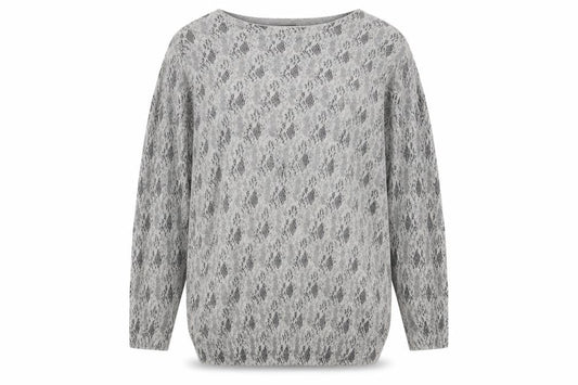 Front view of Ribbon women’s grey round neck animal print polyester jumper, size UK 12