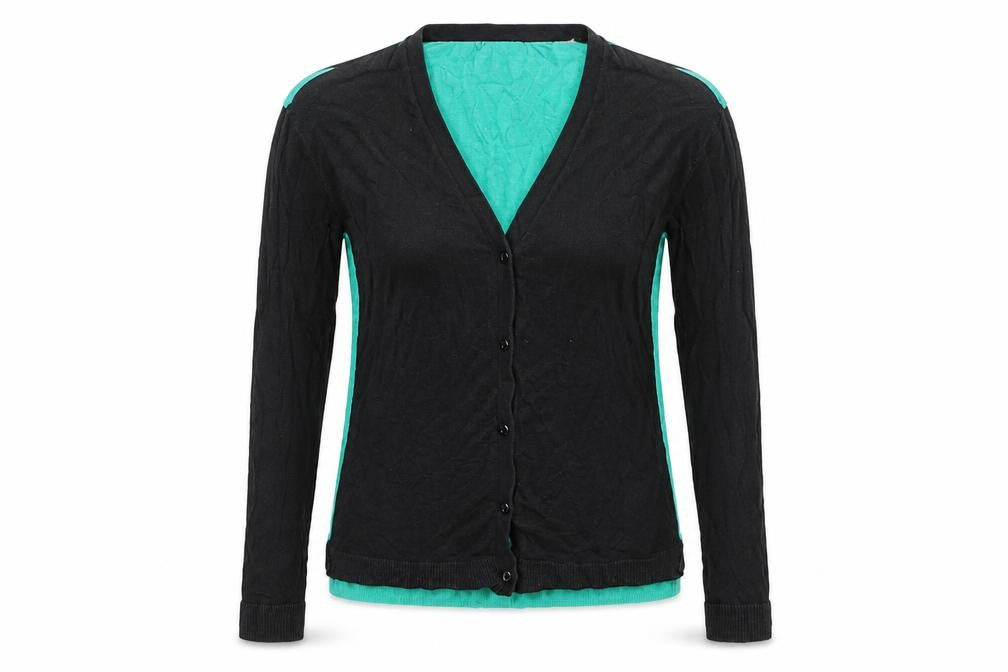 Front view of H&M women’s black v-neck viscose cardigan jumper, size XS, - black & green