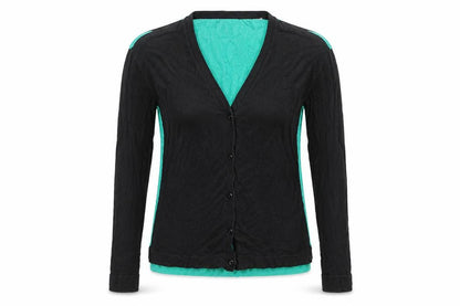 Front view of H&M women’s black v-neck viscose cardigan jumper, size XS, - black & green