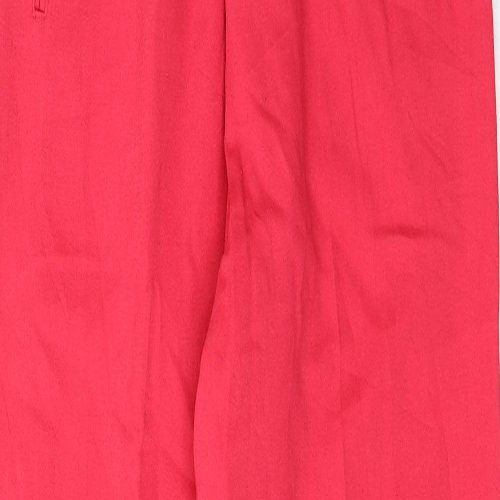 Close-up detail of Jantzen women’s red polyester trousers, size UK 10, 30-inch leg regular