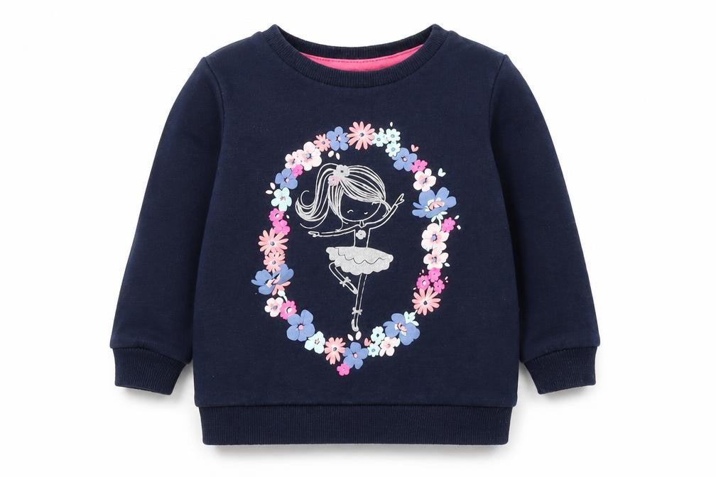 Front view of Baby girls’ blue cotton pullover casual, size 9-12, months round neck pullover