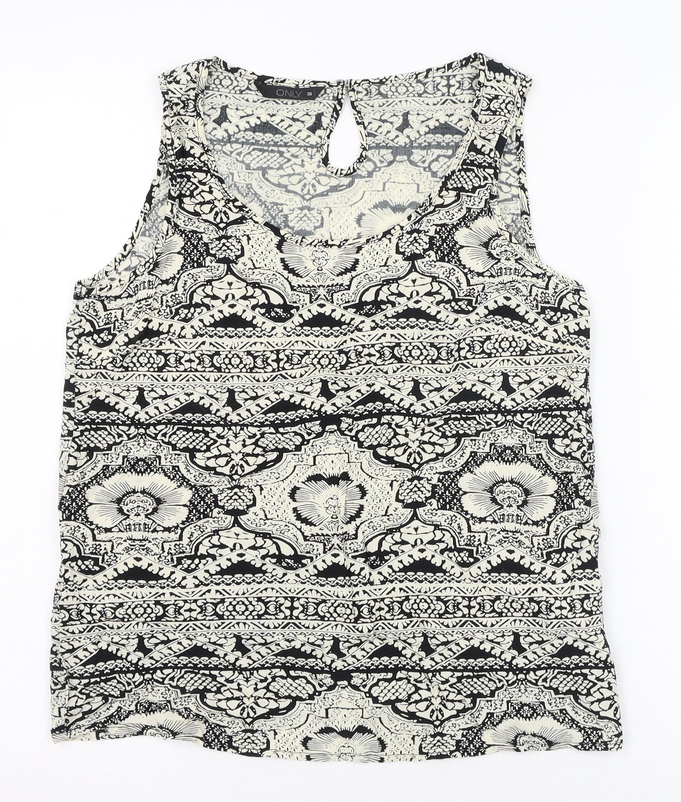 Only Womens Black Geometric Viscose Basic Tank Size 8 Scoop Neck
