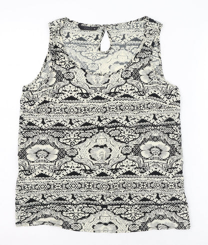 Only Womens Black Geometric Viscose Basic Tank Size 8 Scoop Neck