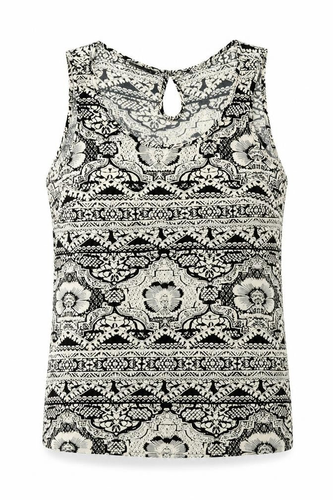 Only Womens Black Geometric Viscose Basic Tank Size 8 Scoop Neck