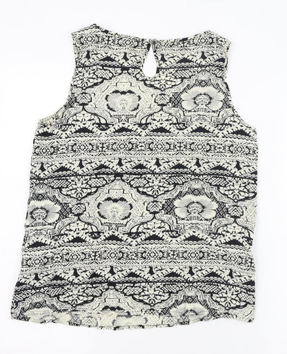 Only Womens Black Geometric Viscose Basic Tank Size 8 Scoop Neck