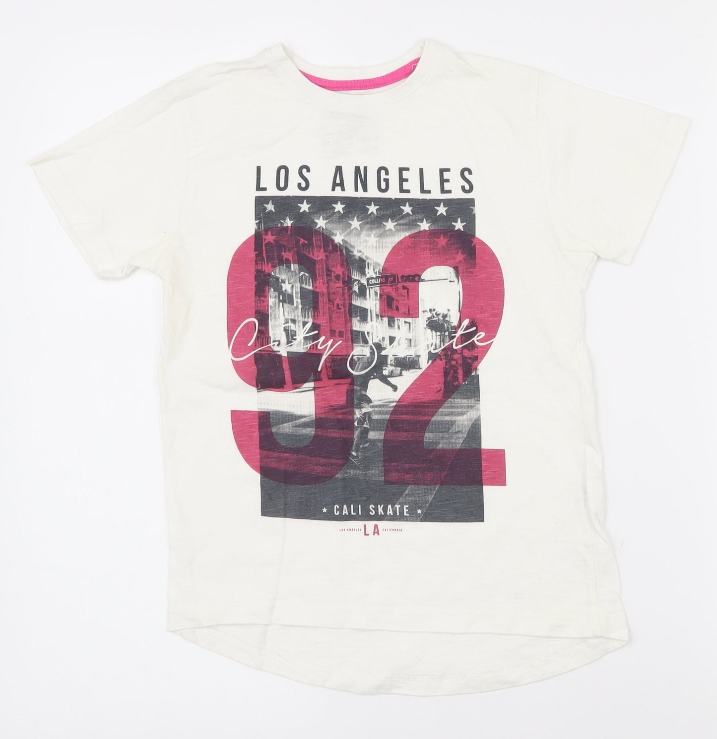 Primark Girls White  100% Cotton Pullover T-Shirt Size 7-8 Years Crew Neck Pullover - Aysemmetrical Hem