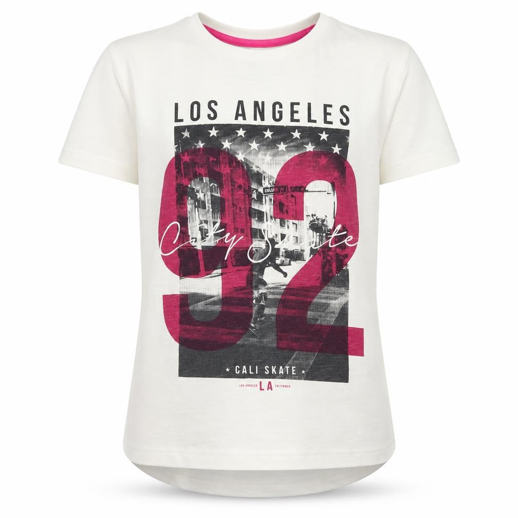 Front view of Primark girls’ white 100% cotton pullover t-shirt, size 7-8, years crew neck pullover - aysemmetrical hem