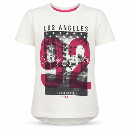 Front view of Primark girls’ white 100% cotton pullover t-shirt, size 7-8, years crew neck pullover - aysemmetrical hem