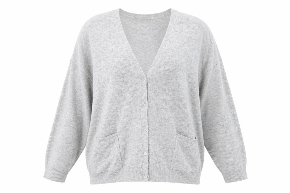 Front view of Bershka women’s grey v-neck polyester cardigan jumper, size S