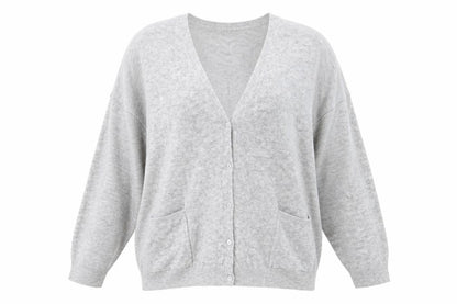 Front view of Bershka women’s grey v-neck polyester cardigan jumper, size S