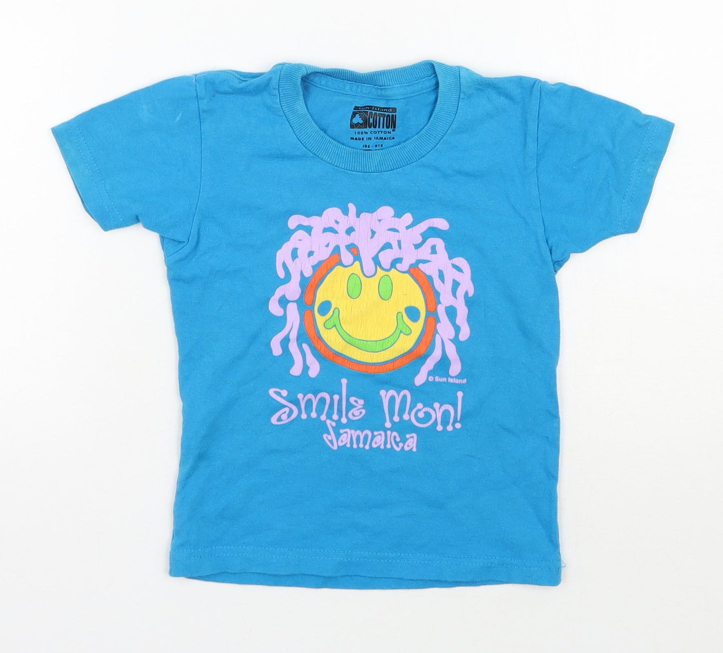 Sun Island  Boys Blue  100% Cotton Basic T-Shirt Size 2 Years Round Neck Pullover - Jamaica