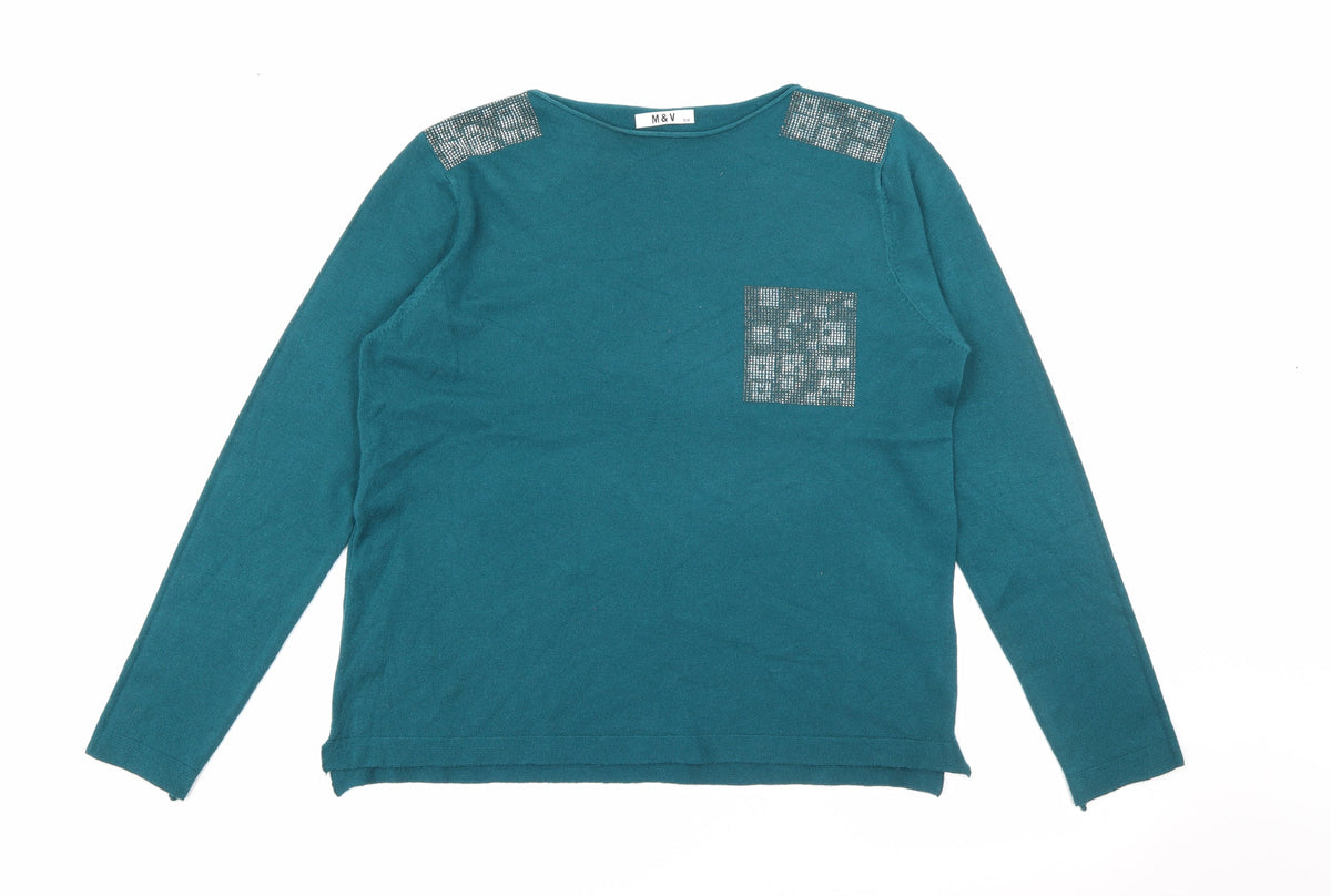 Additional front view of M&Co women’s blue scoop neck polyamide jumper, size S
