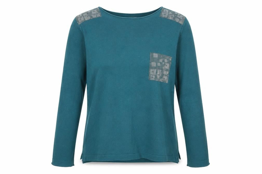 Front view of M&Co women’s blue scoop neck polyamide jumper, size S