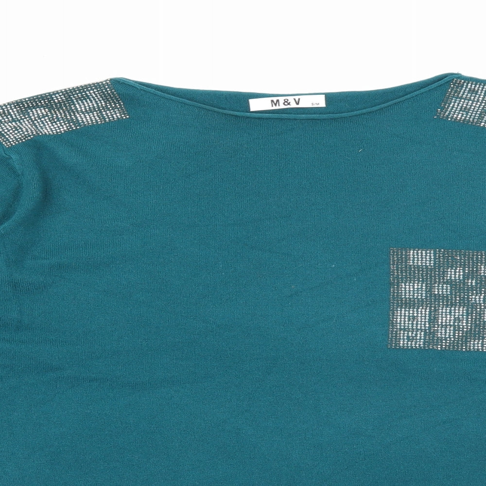 Close-up detail of M&Co women’s blue scoop neck polyamide jumper, size S