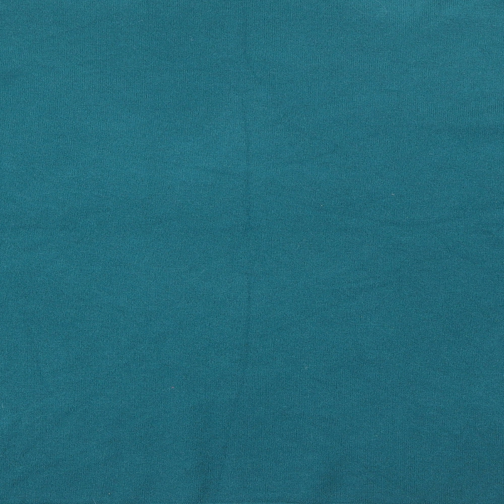 Brand and care label for M&Co women’s blue scoop neck polyamide jumper, size S
