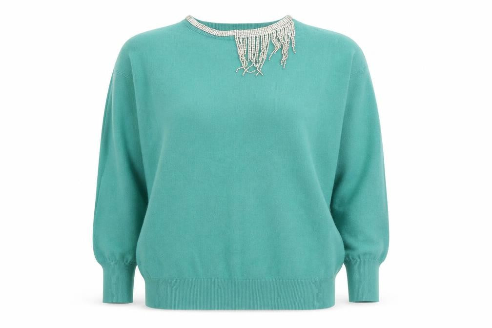 Front view of beauty Women women’s green crew neck viscose jumper, size L