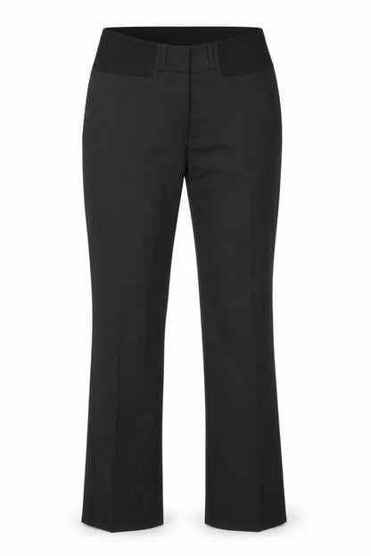Front view of Slacks & Co women’s black polyester trousers, size UK 25, 33-inch leg regular zip