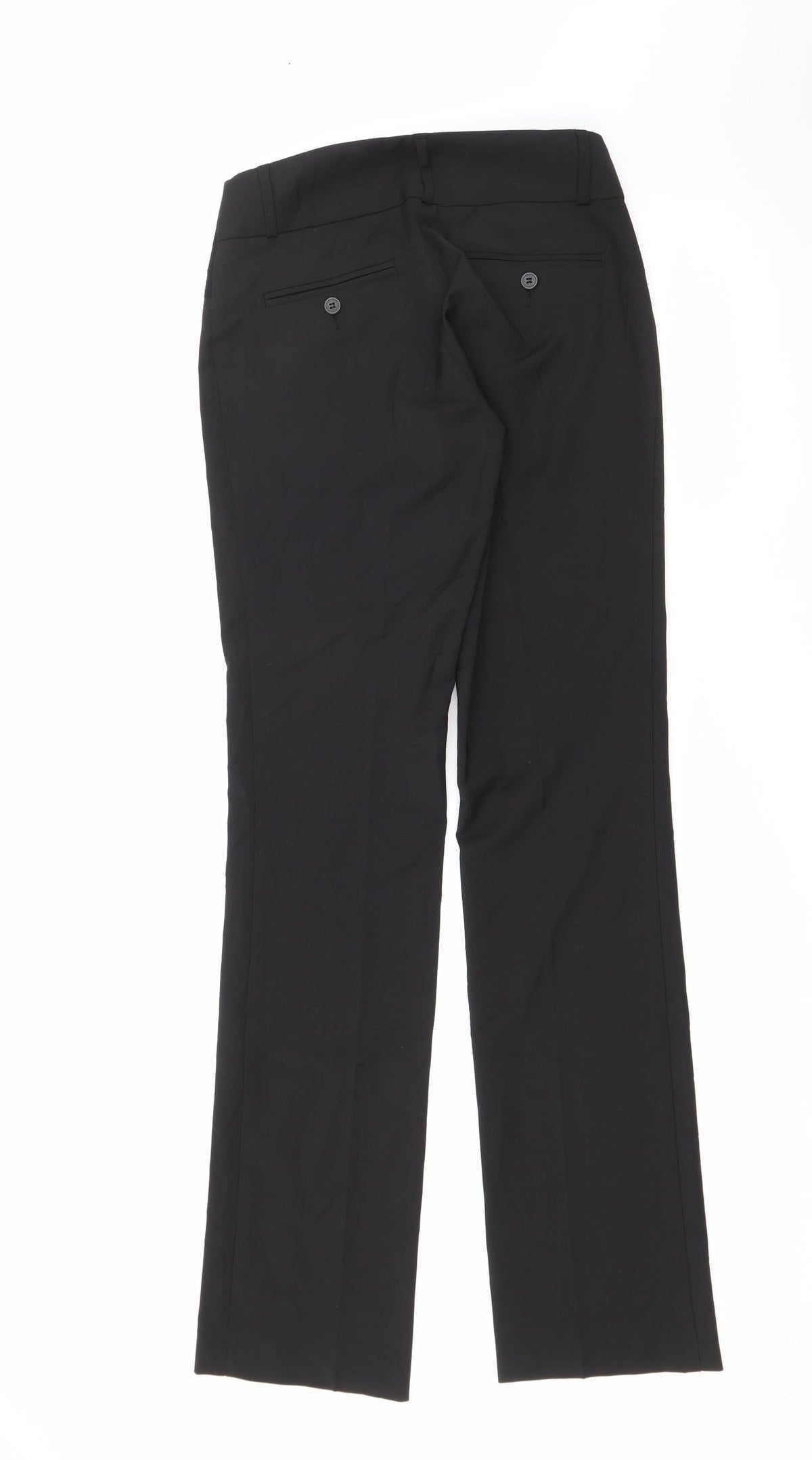 Back view of Slacks & Co women’s black polyester trousers, size UK 25, 33-inch leg regular zip