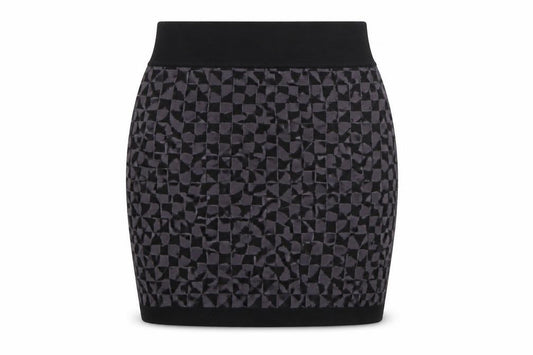 Front view of Amisu women’s purple geometric viscose mini skirt, size XS, regular