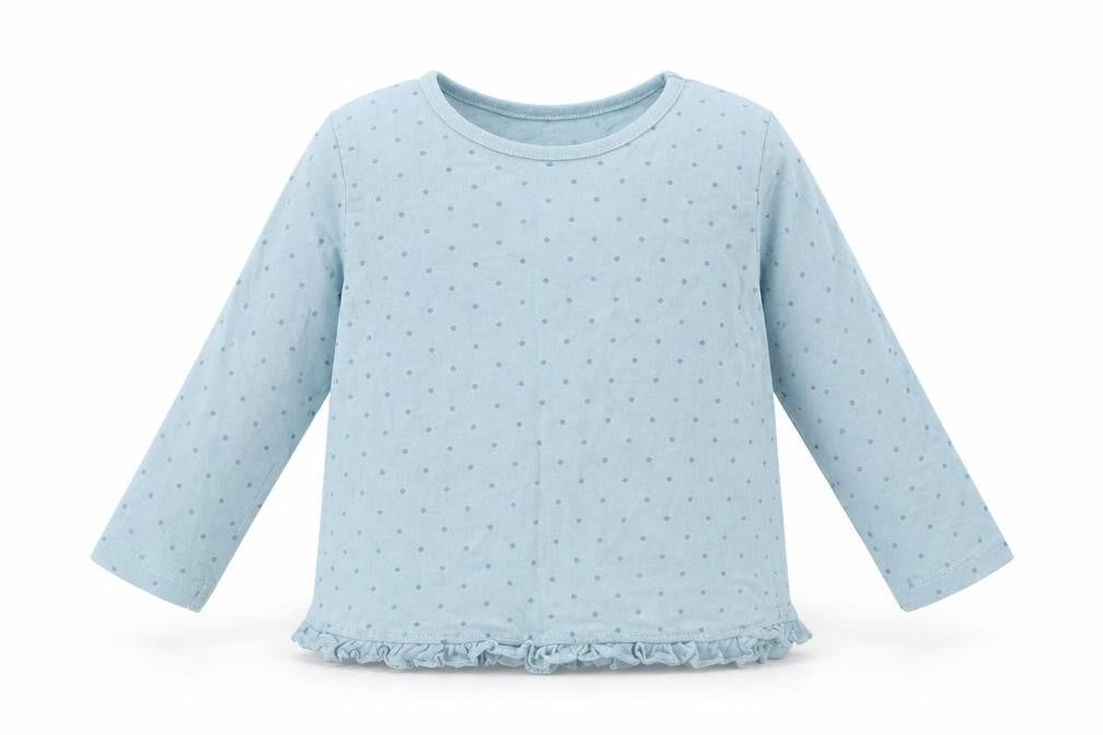 Front view of George Baby Blue Polka Dot Cotton Basic T-Shirt, size 9-12, Months Crew Neck Pullover